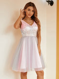 Vestido de cóctel corto/mini sin mangas con escote en V y lentejuelas de corte A/princesa para fiesta de graduación y regreso a casa