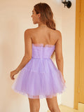Vestido de cóctel corto/mini de corte A/princesa, de tul con volantes, sin tirantes, sin mangas, para regreso a casa y fiesta de graduación