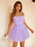 Vestido de cóctel corto/mini de corte A/princesa, de tul con volantes, sin tirantes, sin mangas, para regreso a casa y fiesta de graduación