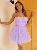 Vestido de cóctel corto/mini de corte A/princesa, de tul con volantes, sin tirantes, sin mangas, para regreso a casa y fiesta de graduación