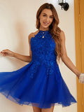 Vestido de cóctel corto/mini sin mangas, corte A/princesa, de tul, con encaje, estilo halter, con apliques