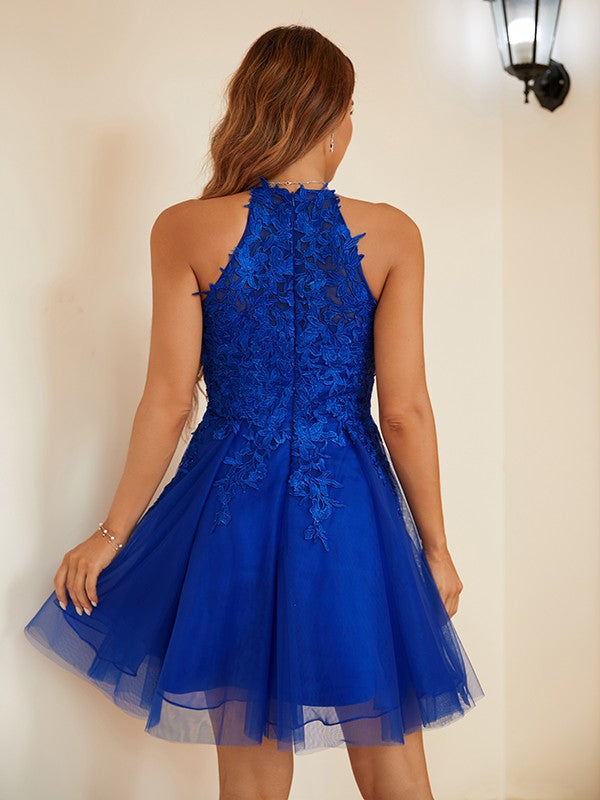 Vestido de cóctel corto/mini sin mangas, corte A/princesa, de tul, con encaje, estilo halter, con apliques