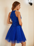Vestido de cóctel corto/mini sin mangas, corte A/princesa, de tul, con encaje, estilo halter, con apliques