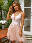 Vestido de fiesta de graduación, corte A/princesa, tul, apliques, escote en V, sin mangas, corto/mini