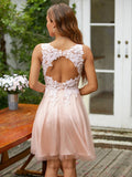 Vestido de fiesta de graduación, corte A/princesa, tul, apliques, escote en V, sin mangas, corto/mini