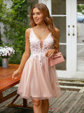 Vestido de fiesta de graduación, corte A/princesa, tul, apliques, escote en V, sin mangas, corto/mini