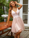 Vestido de fiesta de graduación, corte A/princesa, tul, apliques, escote en V, sin mangas, corto/mini