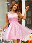 Vestido de fiesta de graduación, corte A/princesa, tul, apliques, escote redondo, sin mangas, corto/mini
