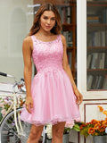 Vestido de fiesta de graduación, corte A/princesa, tul, apliques, escote redondo, sin mangas, corto/mini