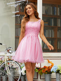 Vestido de fiesta de graduación, corte A/princesa, tul, apliques, escote redondo, sin mangas, corto/mini