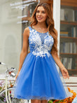 Vestido de fiesta de graduación, corte A/princesa, tul, apliques, escote redondo, sin mangas, corto/mini