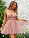 Vestido de fiesta de graduación, corte A/princesa, tul, volantes, escote en V, sin mangas, corto/mini