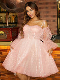 Vestido de fiesta de graduación, corte A/princesa, con volantes, tirantes, mangas largas, corto/mini
