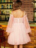 Vestido de fiesta de graduación, corte A/princesa, con volantes, tirantes, mangas largas, corto/mini