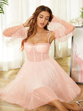Vestido de fiesta de graduación, corte A/princesa, con volantes, tirantes, mangas largas, corto/mini