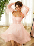 Vestido de fiesta de graduación, corte A/princesa, con volantes, tirantes, mangas largas, corto/mini