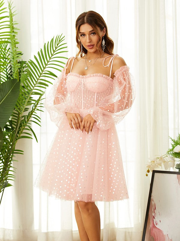 Vestido de fiesta de graduación, corte A/princesa, con volantes, tirantes, mangas largas, corto/mini