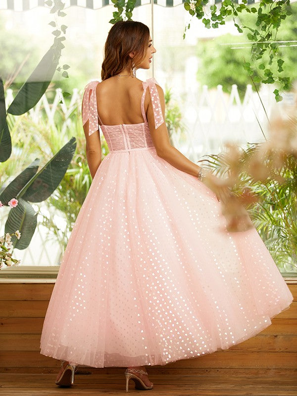 A-Line/Princess Ruffles Spaghetti Straps Sleeveless Ankle-Length Dresses Prom Dress Gowns