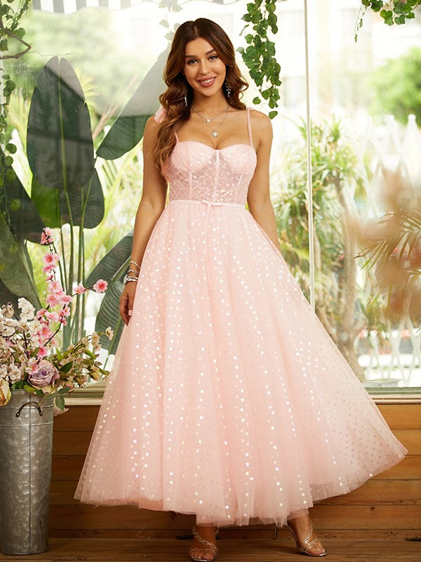 A-Line/Princess Ruffles Spaghetti Straps Sleeveless Ankle-Length Dresses Prom Dress Gowns