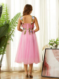 Vestido de fiesta de graduación, corte A/princesa, de tul, con flores hechas a mano, tirantes finos, sin mangas, largo hasta la rodilla