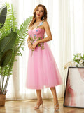 Vestido de fiesta de graduación, corte A/princesa, de tul, con flores hechas a mano, tirantes finos, sin mangas, largo hasta la rodilla