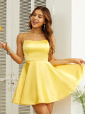 Vestido de fiesta de graduación, corte A/princesa, satén tipo seda, volantes, tirantes finos, sin mangas, corto/mini