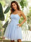 Vestido de fiesta de graduación, corte A/princesa, con apliques de tul, tirantes finos, sin mangas, corto/mini