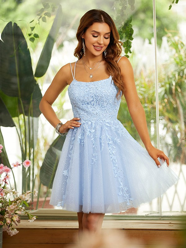 Vestido de fiesta de graduación, corte A/princesa, con apliques de tul, tirantes finos, sin mangas, corto/mini