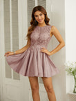 A-Line/Princess Charmeuse Lace Scoop Sleeveless Short/Mini Dresses Prom Homecoming Dress