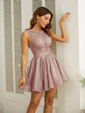 A-Line/Princess Charmeuse Lace Scoop Sleeveless Short/Mini Dresses Prom Homecoming Dress