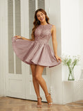 A-Line/Princess Charmeuse Lace Scoop Sleeveless Short/Mini Dresses Prom Homecoming Dress