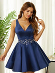 A-Linie/Princess-Linie Satin Applikationen V-Ausschnitt Ärmellos Kurz/Mini Kleider Ballkleid
