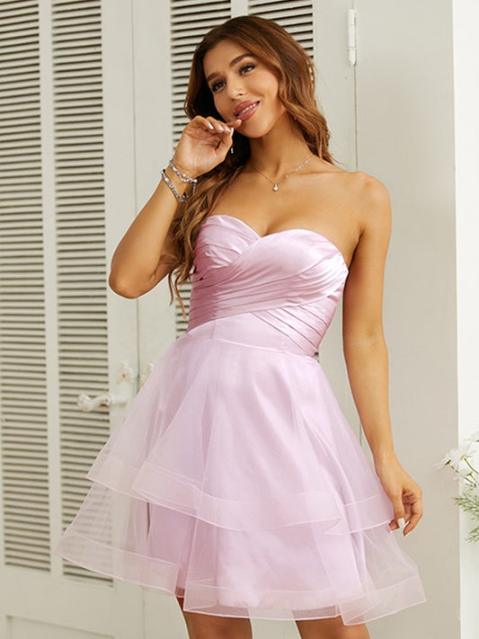 Vestido de fiesta de graduación, corte A/princesa, de tul fruncido, escote corazón, sin mangas, corto/mini