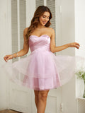 Vestido de fiesta de graduación, corte A/princesa, de tul fruncido, escote corazón, sin mangas, corto/mini