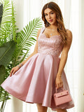 Vestido de fiesta de graduación, corte A/princesa, satén, tirantes con cuentas, sin mangas, hasta la rodilla