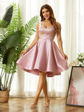 Vestido de fiesta de graduación, corte A/princesa, satén, tirantes con cuentas, sin mangas, hasta la rodilla