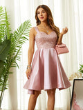 Vestido de fiesta de graduación, corte A/princesa, satén, tirantes con cuentas, sin mangas, hasta la rodilla