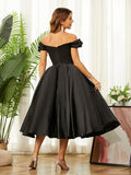 Vestido de fiesta de graduación, corte A/princesa, de satén, fruncido, hombros descubiertos, sin mangas, largo hasta la rodilla