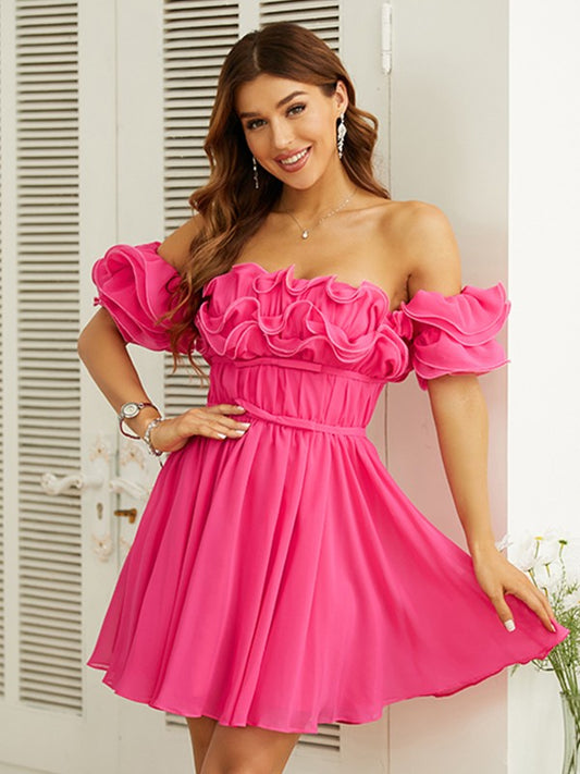 Vestido de fiesta de graduación, corte A/princesa, de gasa, fruncido, hombros descubiertos, manga corta, corto/mini