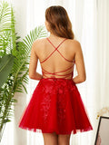 Vestido de fiesta de graduación, corte A/princesa, tul, apliques, escote en V, sin mangas, corto/mini