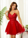 Vestido de fiesta de graduación, corte A/princesa, tul, apliques, escote en V, sin mangas, corto/mini