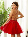 Vestido de fiesta de graduación, corte A/princesa, tul, apliques, escote en V, sin mangas, corto/mini