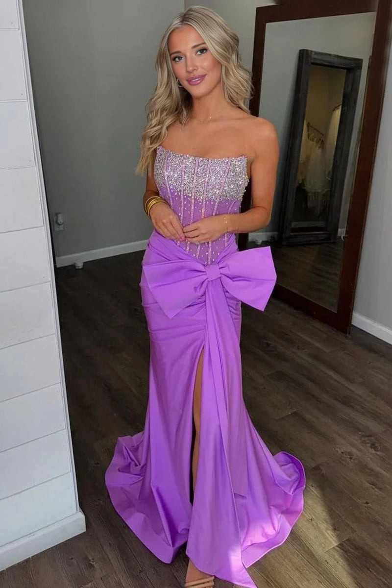 Split Strapless Mermaid Corset Prom Dresses with Side Bowknot
