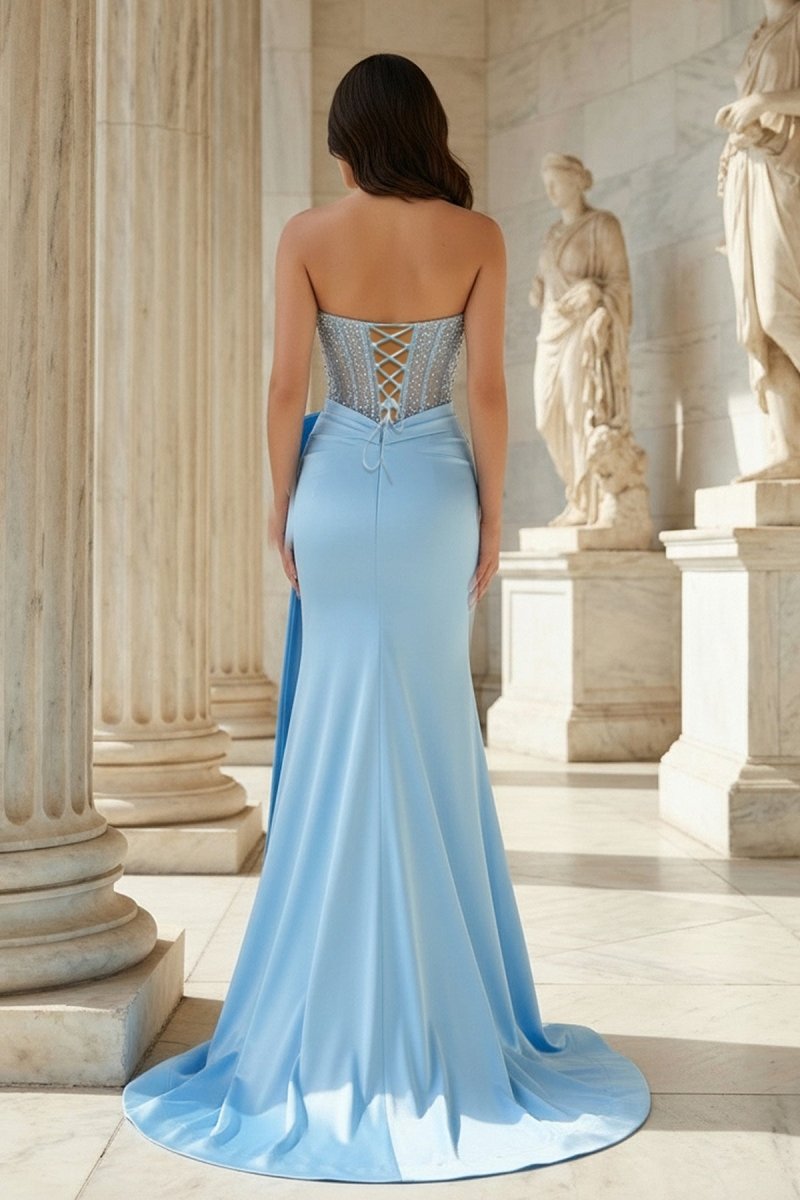 Split Strapless Mermaid Corset Prom Dresses with Side Bowknot
