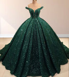 Dark Green Off The Shoulder Ball Gown Sequined Quinceanera Dress