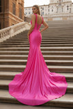 Hot Pink Floral Straps Mermaid Satin Long Prom Dress