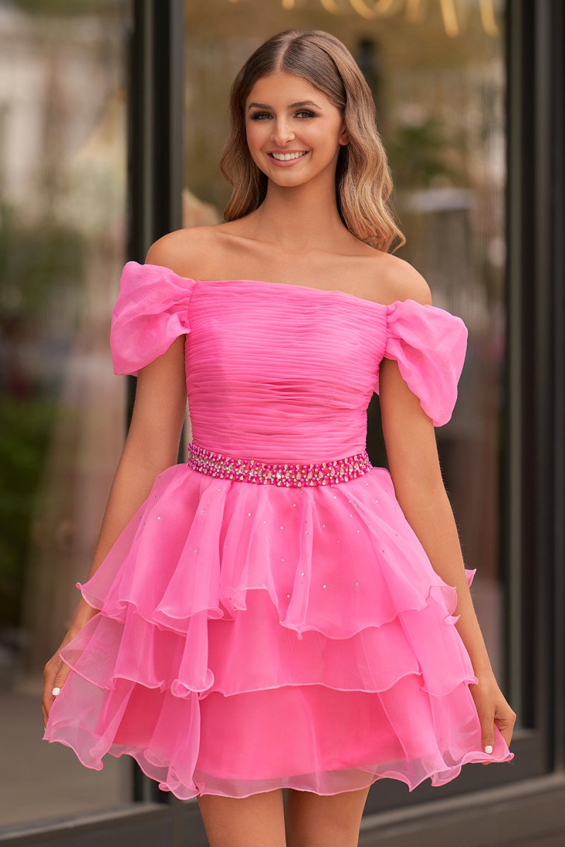 Hot Pink Off-the-Shoulder Ruffle Short Homecoming Dress