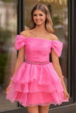 Hot Pink Off-the-Shoulder Ruffle Short Homecoming Dress