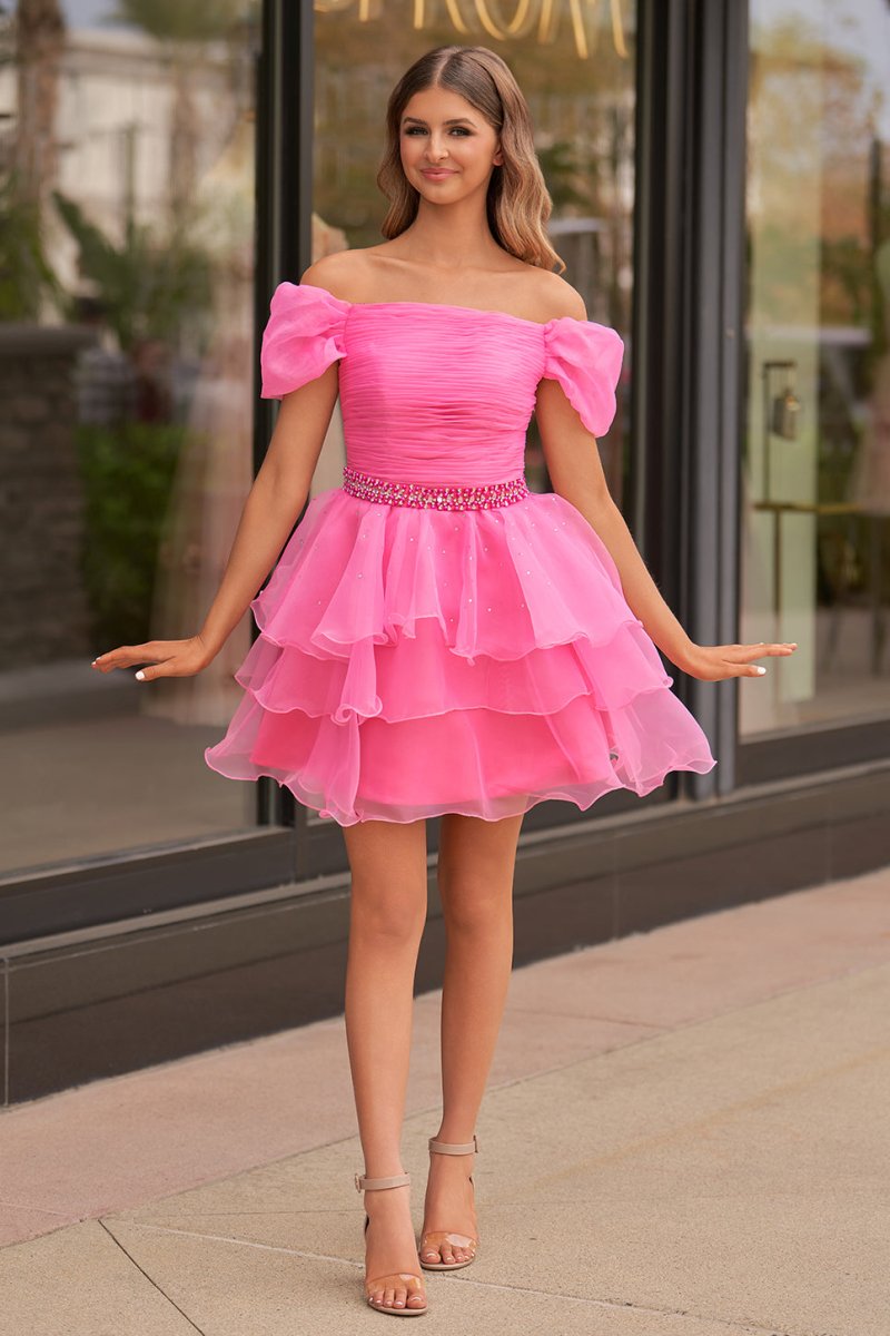 Hot Pink Off-the-Shoulder Ruffle Short Homecoming Dress