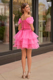 Hot Pink Off-the-Shoulder Ruffle Short Homecoming Dress